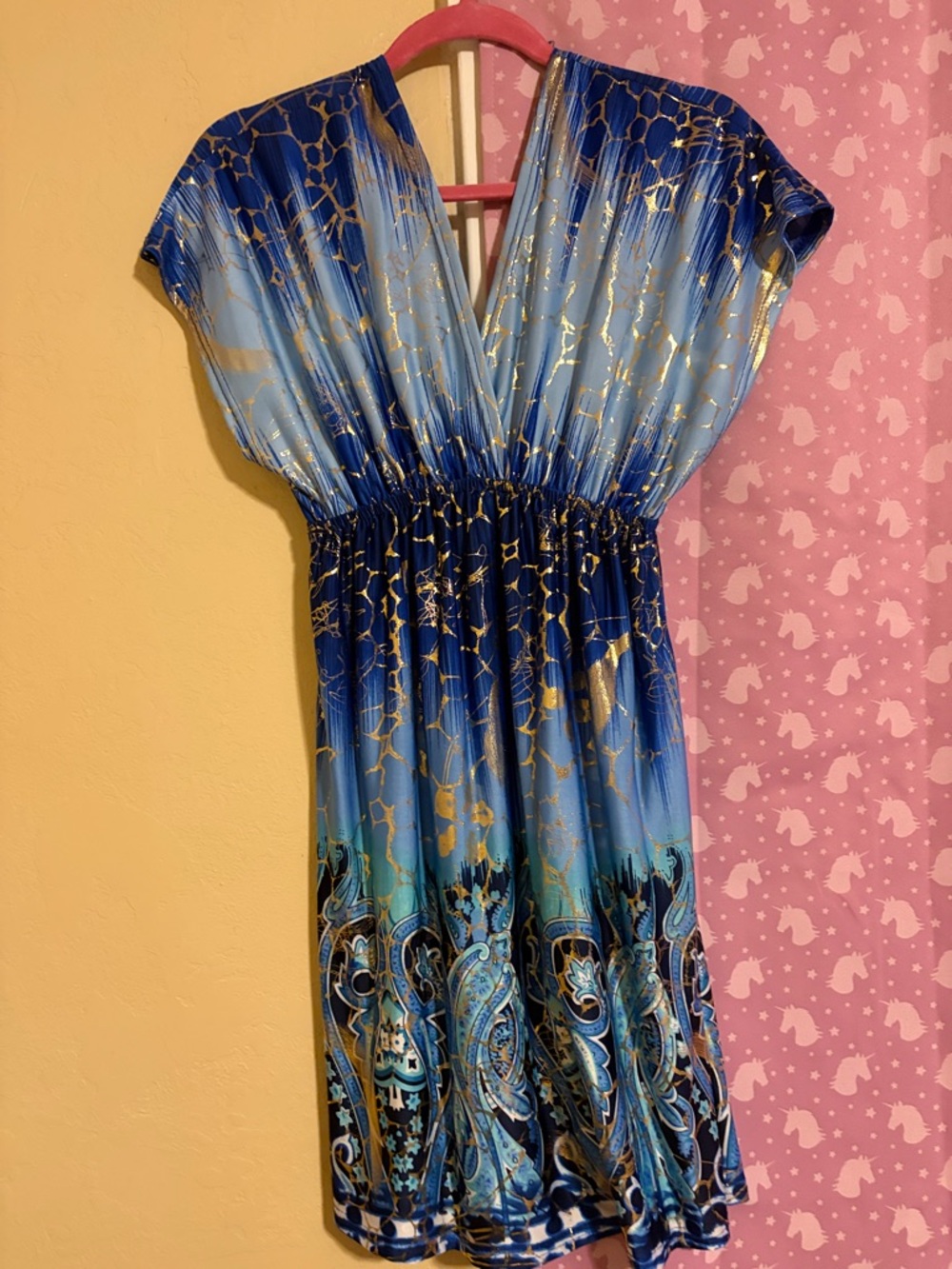 Shoreline Blue and Gold Deep V Mini Dress